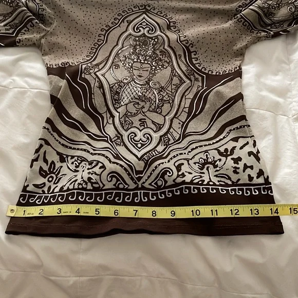 Vintage Noun Paris Tribal Print Y2K 3/4 Sleeve Knit Top BrownBeige made n France - Picture 10 of 11